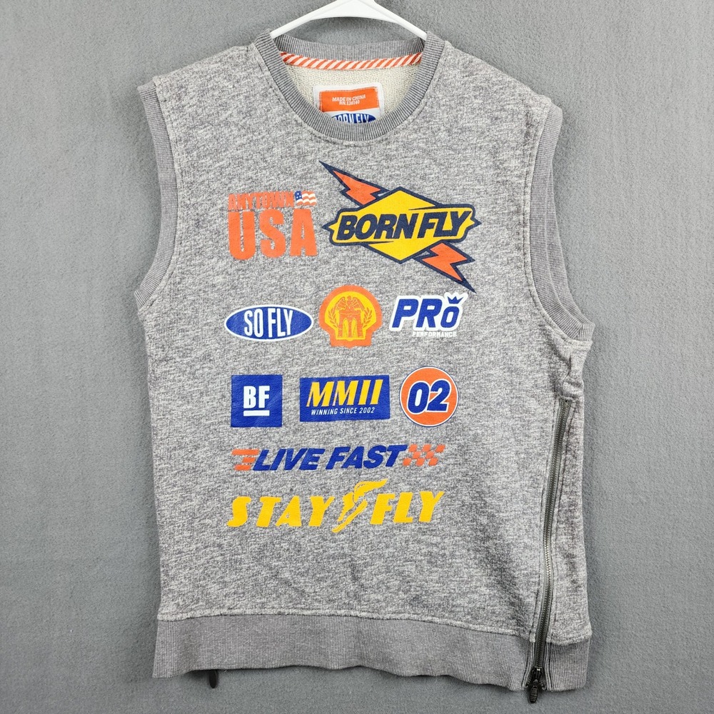 Born Fly Mens Gray Sleeveless Graphic Sweatshirt‎ Vest M